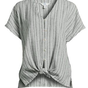 Women's Striped Button Down Tie Front Linen Blend Blouse Size Large